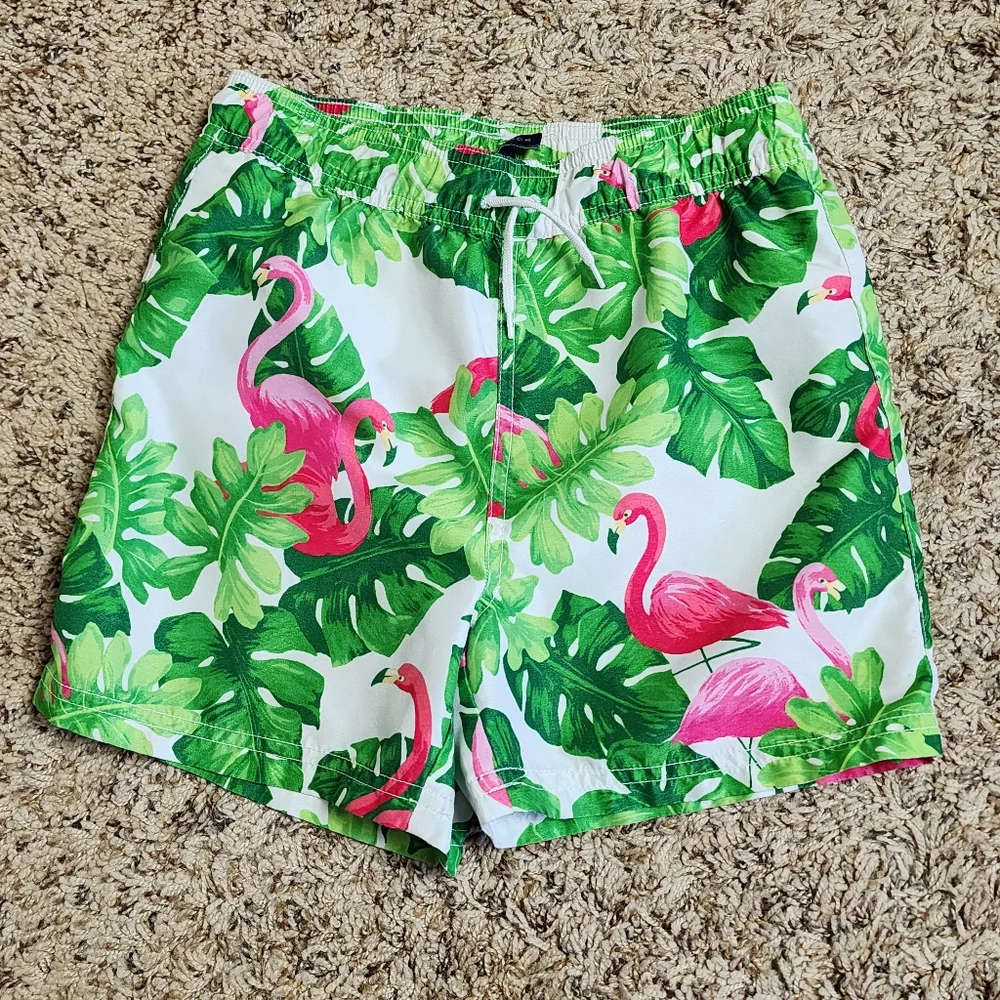 Janie and Jack Flamingo Tropical Linen Button-Front Shirt and Swim Trunks Boys